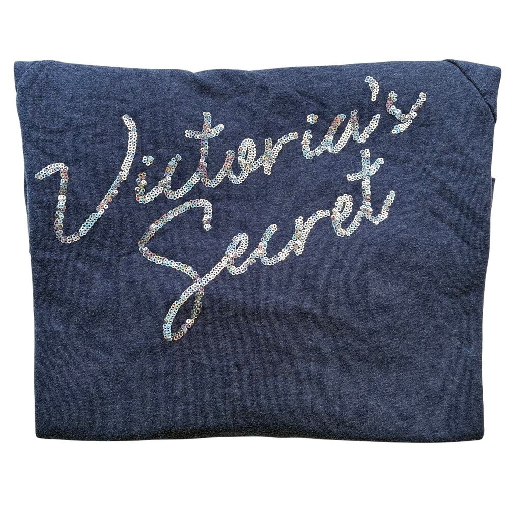 Victoria’s Secret Sweatshirt Womens Medium Navy Blue Sequin Logo Raglan Pullover